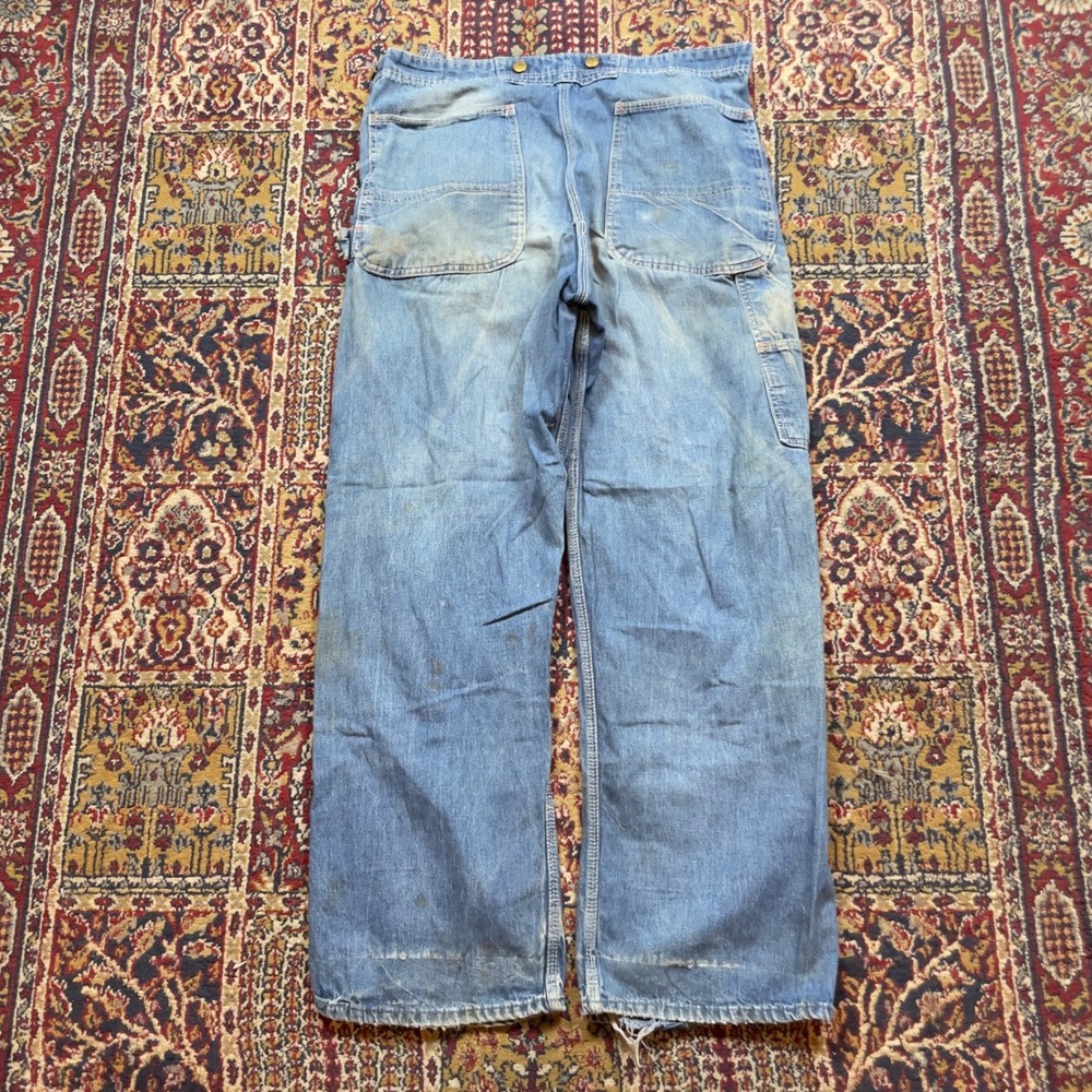 VTG 80s Red Camel Distressed Cut Denim Overalls Pants Button Fly Carpenter Jeans